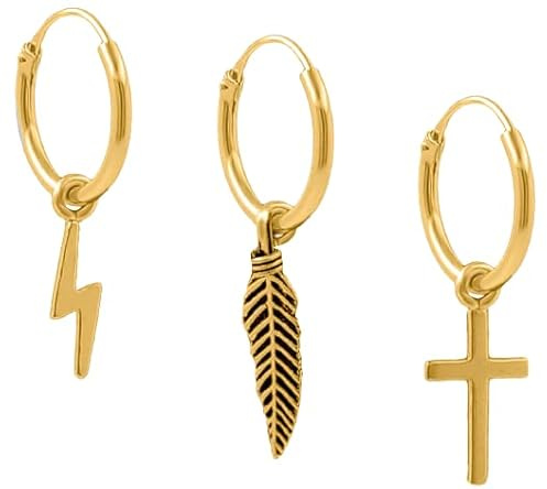 ENTREPLATA Pendientes Plata de Ley 925 Unisex Chapado en Oro 24 Kilates – Aros Criollas con Colgantes Rayo Cruz y Pluma Dorados – Set de 3 Aretes Modernos para Hombre y Mujer