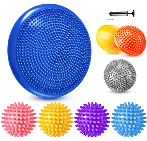 Meooeck 8pcs Hedgehog Balance Pods with Hand Pump Including 1 Balanced Pad, 3 Balance Pods, 4 Spiky Massage Balls for Body Balancing, Sensory Play for Adult Dog Exercise Stability(Vivid Colors)