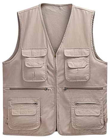 Sukany Men's Casual Fishing Vest Lightweight Multi Pockets Outdoor Gilet Waistcoat Hunting Sleeveless Jacket Safari Travel Vest Khaki M