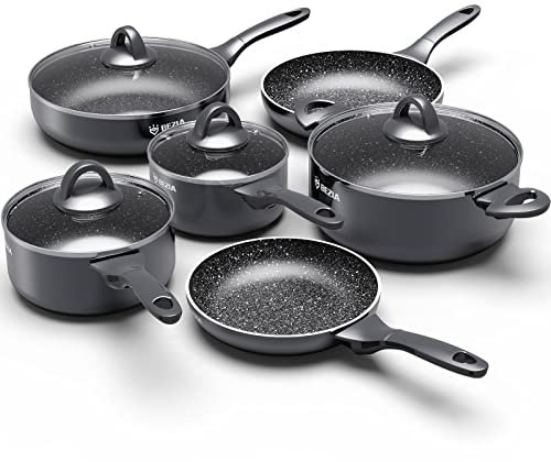 Induction Hob Pan Set, Pots and Pans Set Nonstick 10 Piece, Non Stick Cookware Saucepan Sets with Lids, Stay-Cool Bakelite Handle, Cooking Saucepans, Frying & Stockpot