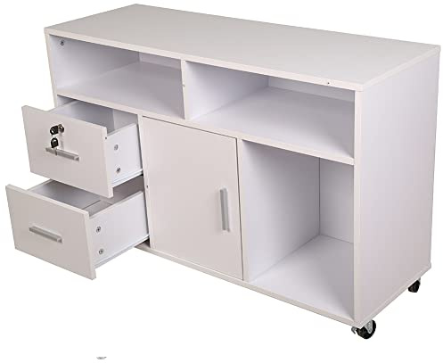 BAKAJI Mobile Multiuso Porta Stampante in Legno con 3 Mensole, 2 Cassetti con Chiave e 1 Armadietto con Scomparti, per Ufficio Archivio, Portadocumenti con Ruote Mobili, 100x35x65cm (Bianco)