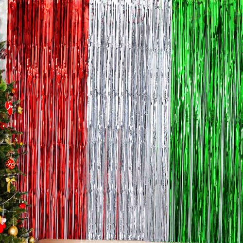 Christmas Foil Fringe Curtain -3 Pack of 3.2x8.2ft Red Silver Green Tinsel Fringe Backdrop Streamers for Christmas New Years Eve Party Supplies 2026 Photo Backdrop Party Decorations