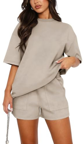 REORIA Women Cotton Short Sleeve Tracksuit Set Crew Neck Solid Color Shirt and Shorts with two Pockets two piece Outfit co ord Sets Khaki XL