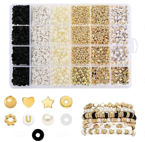 Perlen zum Auffädeln 2580 Stück Polymer Clay Perlen für Armbänder Mix Schwarz Weiß Gold Bastelperlen zum Auffädeln Buchstabenperlen für DIY Armband Halsketten Herstellung Basteln