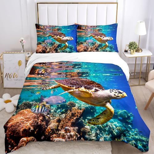 BNREDA Copripiumino tartaruga 200x200,Set di biancheria da letto con animali marini 3D,con motivo a delfino, pesce tropicale, corallo, per adulti e bambini (Mondo Sottomarino-a, 200 x 200 cm)