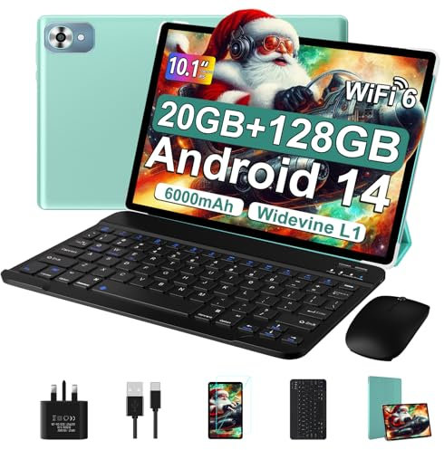 fezawio Android 14 tablet 10 inch 20GB RAM+128GB ROM, Octa Core, WiFi 6, 6000mAh, (1TB TF) tablet with keyboard and mouse —（Green）