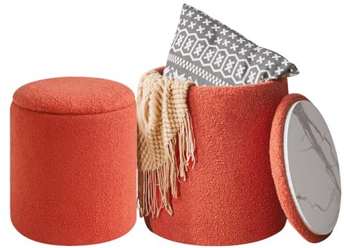 IBUYKE Eitelkeit Hocker für Make-up, Satz von 2-runden Ottoman mit Lagerung, moderner gepolsterter Sitz Couchtisch, Multifunktionsfußstütze Hocker für Wohnzimmer, Granular Pile Fabric Orange WBD015J
