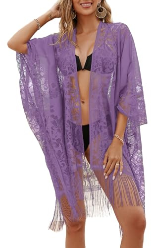 Elegant Kimono Strandöverdrag med Spetsdetaljer – Perfekt för Semester & Badkläder