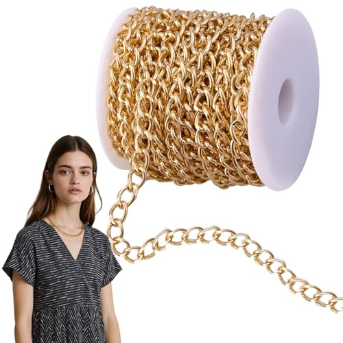 16,4 fot aluminiumskedjor med guldpläterade korsbilder, guldkedja med spola för bälten, jeans, smyckeshalsbandstillverkning (guld)