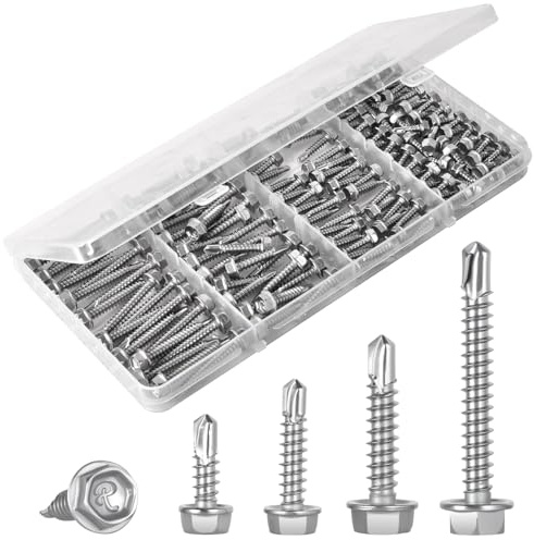 150Pcs Self Drilling Screws Assortment Kit, 410 Stainless Steel Self Tapping Sheet Metal TEK Screws, #8 1/2 3/4 #10 1 1-1/2, Hex Washer Head, Rustproof Fasteners for Metal/Wood/Plastic