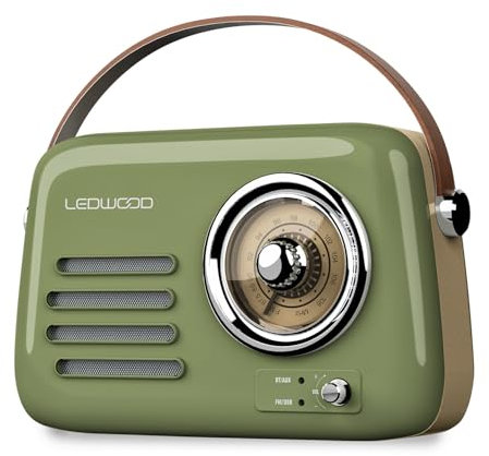 Radio Rétro Portable Ledwood Alma, FM, Bluetooth Entrée USB, Puissance 30W - Batterie 3,7V-1500mAh - Retro Vintage - Vert Olive