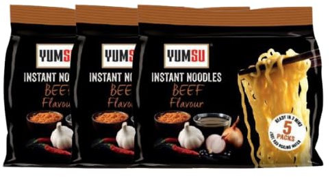 Yumsu Instant Beef Flavour Ramen Noodles Savoury Asian Noodle Soup, Halal Certified, Quick Meal, Dried Instant Noodles (Pack of 15)