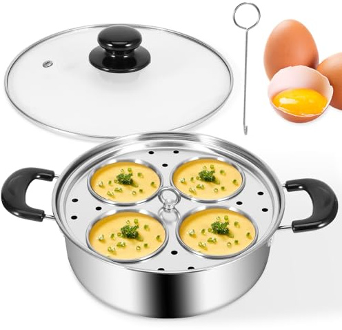 Egg Poacher, 4 Cups Egg Poacher Pan Stainless Steel Egg Poaching Steamer Pan Non Stick Cookware Set for Breakfast Brunch Cooking, Induction Cooktop, Stove Use, Dishwasher Safe