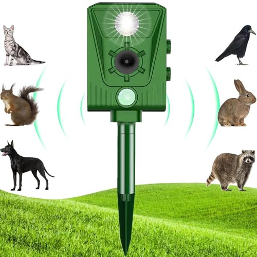 Ultrasonic Cat Deterrent for Garden, Solar Animal Repellent with PIR Motion Sensor and Flashing Light, 4 Modes Dog Deterrent, Marten Deterrent, Waterproof IP64, Effective Against Martens, Cats, Dogs