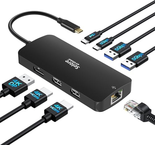 Selore, docking station USB C, doppio monitor, 3 monitor, triplo display 4K con 2 HDMI, DisplayPort, Ethernet da 1 Gbps, ricarica PD da 100 W, adattatore per porte USB 3.0 per Dell, HP, ecc. (nero)