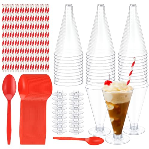 Potchen 120 Pcs Root Beer Cups Floats Disposable Plastic Martini Glasses Milkshake Cups Red Plastic Spoons Set 6 oz Tall Dessert Cup with Spoons Straw Root Beer Clear Cocktail Cup for Birthday Wedding