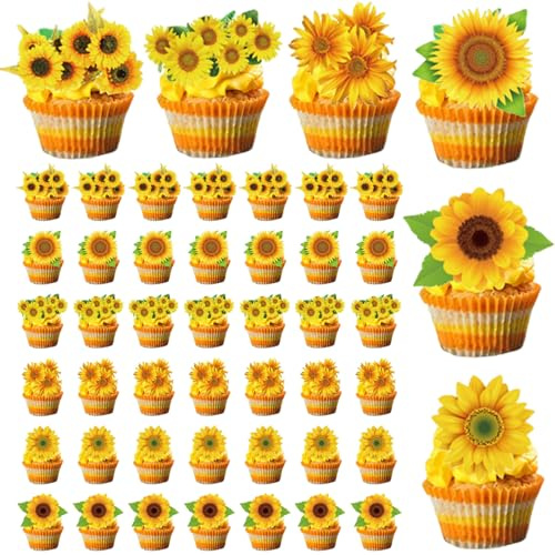Décorations de Cupcake Tournesol, 48 Pièces 6 Styles Décoration de Gâteau Tournesol, Décorations Cupcake d'Anniversaire Faciles à Utiliser pour Fête d'Anniversaire à Thème Fête 'École