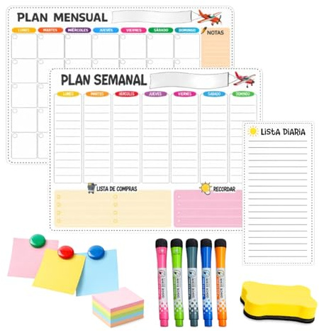 Set de Pizarras Magnéticas para Nevera con Planificador Semanal, Mensual y Diario - Kit Organizador incluye Rotuladores, Imanes, Posits y Borrador - Organización Familiar y Hogar - Fácil de Limpiar