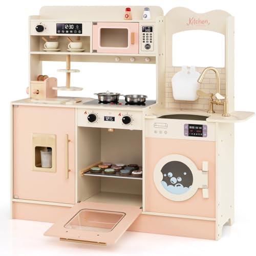 GOPLUS Juego de Cocina para Niños, Cocina de Juguete de Madera Infantil con Sonido y Luz Realistas, Fogones, Grifo, Cafetera, Horno Microondas, Tostadora, Accesorios, Cocinita para Niños de 3+ Años