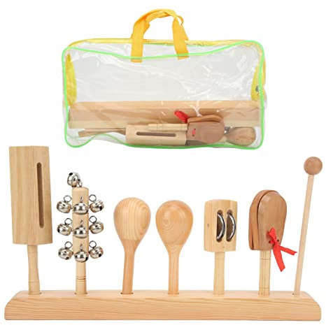 Set di percussioni per bambini: campanellini di legno, castagnette, sonaglio, bastone battente e martelletto per sabbia – set di strumenti musicali in legno massiccio per bambini