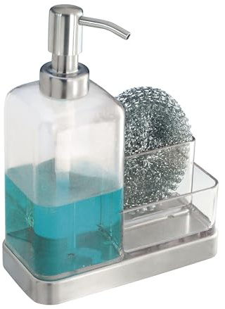 iDesign 67080 Forma Plastic Soap Pump with Caddy, Dispenser with Storage Compartment for Bathroom, Kitchen Countertops, Sinks, Set of 1, Stainless