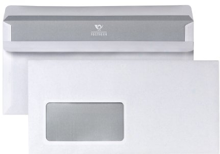 POSTHORN Briefumschlag DIN lang (100 Stück), selbstklebender Briefumschlag mit Fenster, weiße Briefumschläge mit grauem Innendruck für Sichtschutz, 110 x 220 mm, 75g/m²