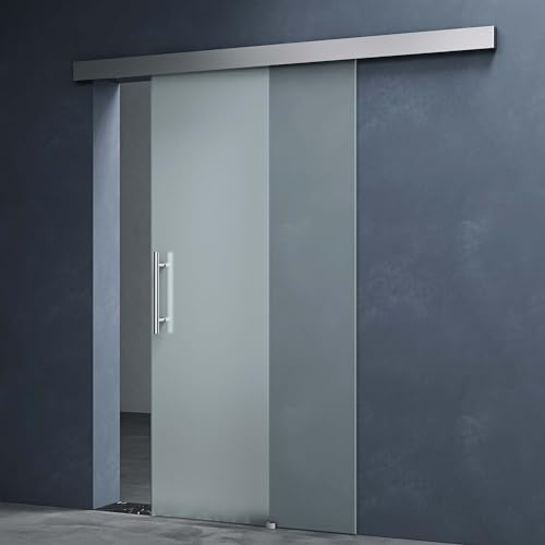 Mai & Mai Porta Scorrevole in Vetro 77.5x205cm, Porta Scorrevole con Sistema Softclose in Vetro Smerigliato 8mm con Binario e Maniglia Per Asta per Bagno Cucina Studio Ufficio, Amalfi TS14-775SC