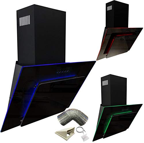 SIA AGE91BL 90cm Black Glass Angled Kitchen Cooker Hood Chimney Extractor Fan With Red Blue & Green LED Edge Lit Mood Lighting & 3m Ducting Kit