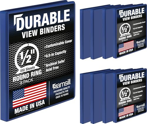Samsill Durable .5 Inch Binder, Made in the USA, Round Ring Customizable Clear View Binder, Blue, 8 Pack (MP88412)