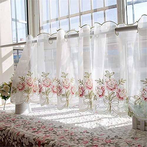 ABREEZE Romantic Floral Lace Curtains Cafe Bistro Semi Sheer Embroidery Lace Window Valance Living Room Bedroom Kitchen Window Decor(57 W x34 H,Pink Flower)