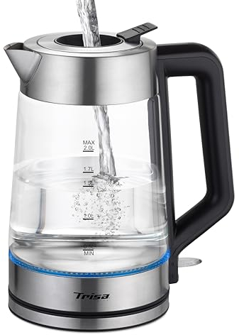 Trisa Elektrischer Wasserkocher, 2L 2200W Glaswasserkocher, Strix Control, Abschaltautomatik, 360° Basis, Wasserkocher Leise, Leicht zu Reinigen