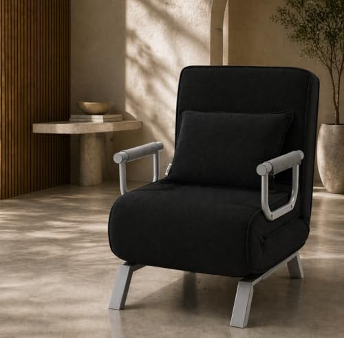 Makika Sillón Sofá Cama Ted 3en1 Plegable con Reposabrazos - Respaldo Ajustable - Almohada incluida - hasta 200 kg - Ajustable Tumbona Reclinable Sillón Relax Negro