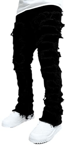 Jeans para Hombre, Ajuste elástico, Ajustados, Apilados, Rasgados, destruidos, Ajustados, Parches, Y2K, Pantalones de Mezclilla Ajustados, Ropa de Calle, Negro -, XX-Large