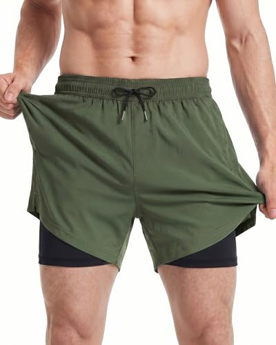 maamgic 5 Mens Swim Shorts with Compression Liner 4-Way Stretch Bathing Suit Swimming Shorts 2 in 1 Men's Swim Trunks with Zipper Pockets Quick Dry,Dark Green Black Cr 5.5,L