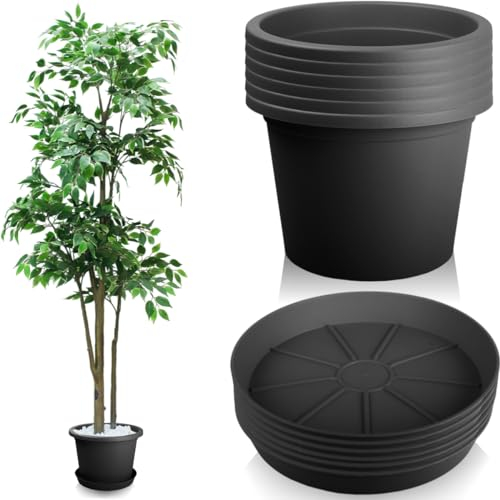 Stimo 6X Blumentopf 34cm mit Untersetzer 30cm Pflanzkübel Grau Kunststoff Pflanztopf Rundtopf (Anthrazit)