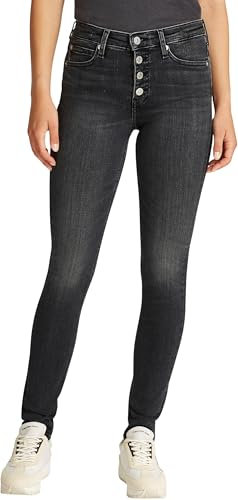 Calvin Klein Damen Jeans Hose Mid Rise Skinny mit Knopfleiste, Schwarz (Denim Black), 30W/29L