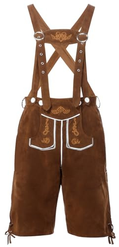 Angenster Pantaloni in pelle da uomo, per costume tradizionale bavarese, in pelle, da uomo, con bretelle, Oktoberfest, da uomo, per feste d'Oktoberfest, marrone, S