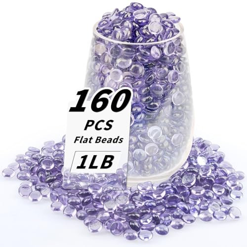 1 LB Purple Flat Glass Beads, 160-180PCS Small Glass Marbles, Mini Flat Round Pebbles for Vase Filler and Floral, Fish Tank Rocks Decorative Gemstones for Home and Aquarium Décor