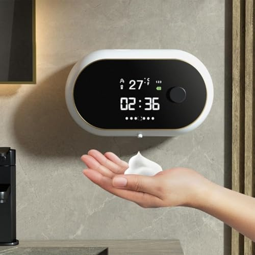 Dispensador de jabón automático Daaxing 450ML, dispensador de jabón líquido montado en pared sin contacto, con sensor de infrarrojos, tiempo y temperatura, dispensadores de jabón recargables por USB