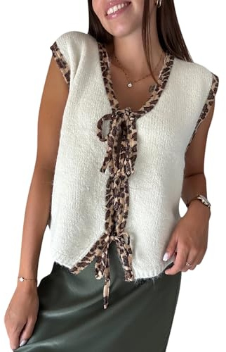 Felcia Gilet en tricot à motif léopard avec imprimé mosaïque, col en V, coupe ample, sans manches, avec lien à l’avant pour femme, Abricot A., S