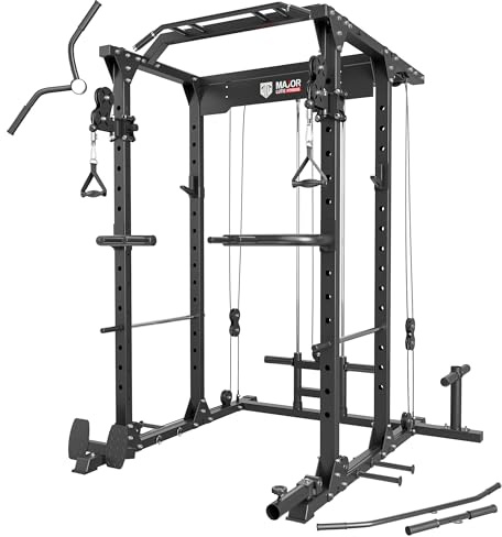 MAJOR FITNESS PLM03 All in one Power Rack - 1400 lbs Multi-Function Home Gym System with Cable Crossover, Adjustable Pull-Up Bar, 360° Landmine (PLM03 BK)