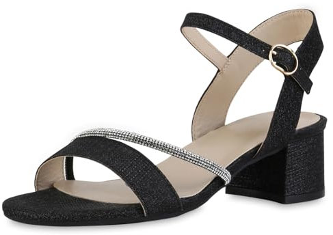 VAN HILL Damen Riemchensandaletten Blockabsatz Glitzer Party Schuhe 216811 Schwarz 37