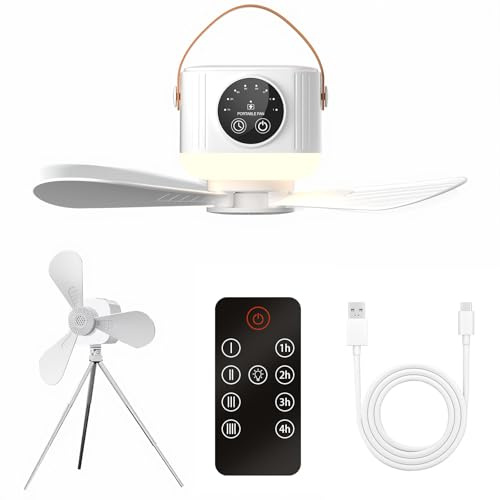 OBEST USB campingfläkt med LED-ljus, uppladdningsbar med fjärrkontroll, tältfläkt med avtagbara fläktblad, timer, stativ, utomhussovsal.