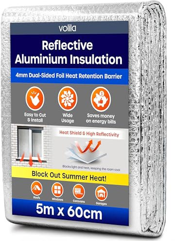 Foil Insulation Roll – 1 Pack (5m x 60cm) - Thermal Insulation Foil for Floor, Roof, Wall & Ceiling - Heat Retention Barrier for Attics, Lofts, Garages, Sheds, Greenhouses, Boats & Pet Homes