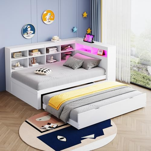 Trdlpyn Divano Letto 90 * 200cm con Presa USB e Striscia Luminosa a LED, con letto Estraibile, Letto Singolo in Legno con Rripiani e Vani Portaoggetti, Ampio Spazio di Archiviazione, Bianco