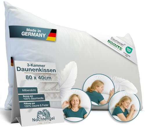 Nachtengel Daunenkissen 40x80 – 3-Kammer Kopfkissen aus 100 % Daunen & Federn – weiches Hotelbettkissen Made in Germany, atmungsaktives Federkopfkissen für alle Schlaftypen (1 Stück, weiß, 40x80cm)