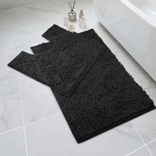 LUSCHEER 2 Piece Bath Mat Set, Luxury Chenille Ultra Soft Plush Non Slip Rug and Toilet Mat, Water Absorbent Machine Washable for Bathroom Floor (Black, 80 x 50 cm + U Shaped 50 x 50 cm)