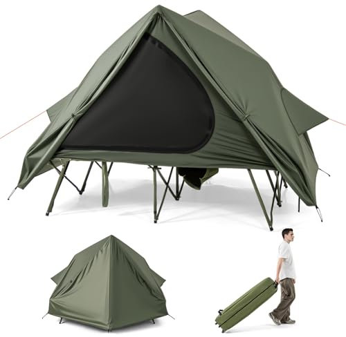 GYMAX Tente avec Lit de Camping pour 2 Personnes, Bâche Anti-Pluie Supplémentaire, 2 Fenêtres en Maille, Sac Portable à roulettes, pour Randonnée, Pique-Nique, Pêche 204 x 128 x 105 cm