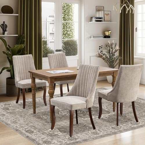 SoarFlash Conjunto de 4 sillas de Comedor, con Respaldo Alto y Acolchado Vertical, Patas de Madera Maciza curvadas, Elegante Silla tapizada para el Comedor, Beige Gris