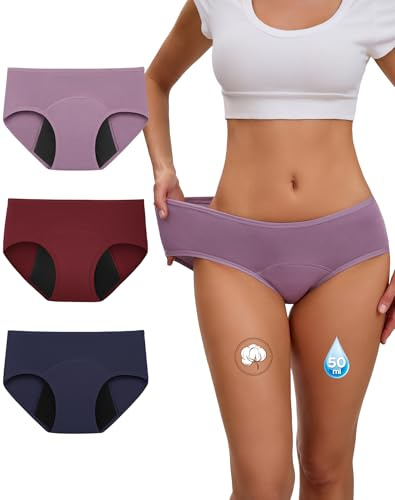 INNERSY Period Pants for Women Heavy Flow Menstrual Underwear Pack of 3 | Soft Cotton Mid Rise Briefs, Reusable Leakproof Knickers, Washable Incontinence Panties, Tag-free Hipster, Day & Night Use